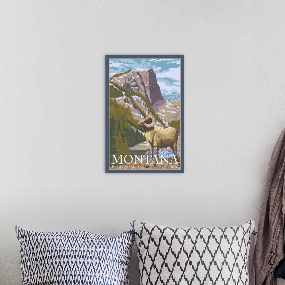 A bohemian room featuring Montana, Big Sky Country - Big Horn Sheep: Retro Travel Poster