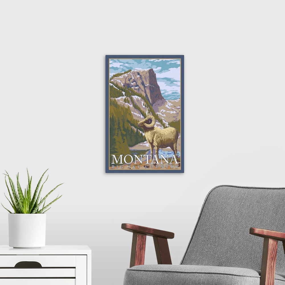 A modern room featuring Montana, Big Sky Country - Big Horn Sheep: Retro Travel Poster
