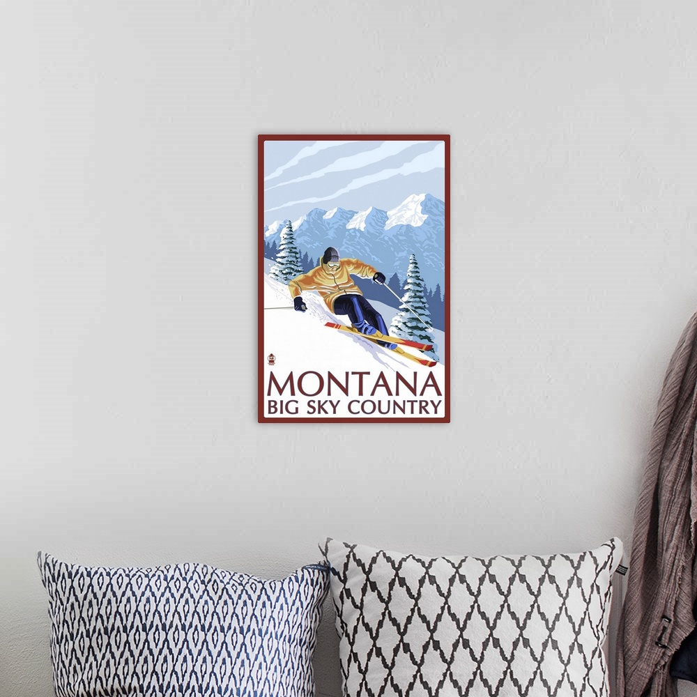 A bohemian room featuring Montana - Big Sky Country - Downhill Skier: Retro Travel Poster