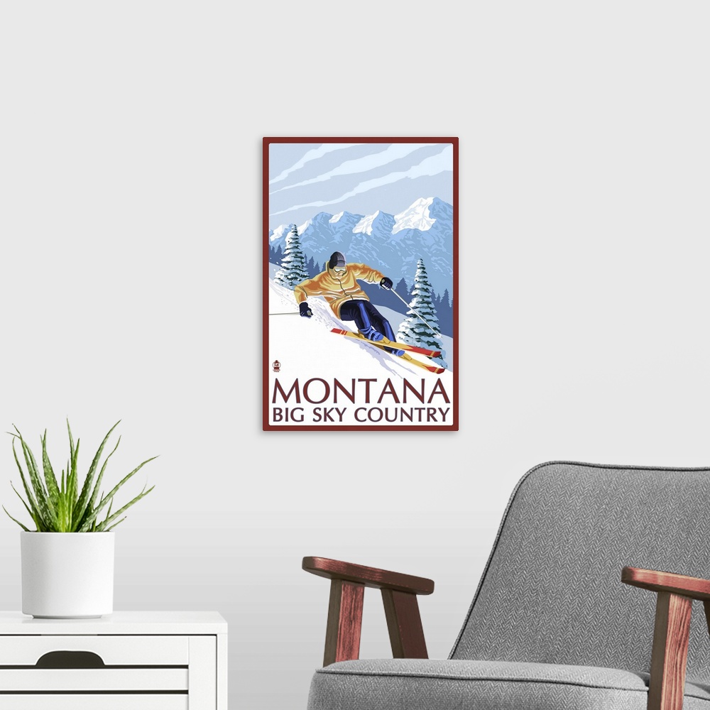A modern room featuring Montana - Big Sky Country - Downhill Skier: Retro Travel Poster
