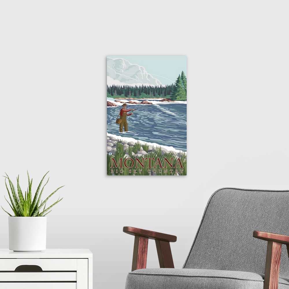 A modern room featuring Montana, Big Sky Country - Fisherman: Retro Travel Poster
