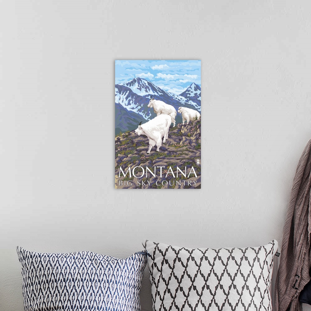 A bohemian room featuring Montana - Big Sky Country - Mountain Goats: Retro Travel Poster