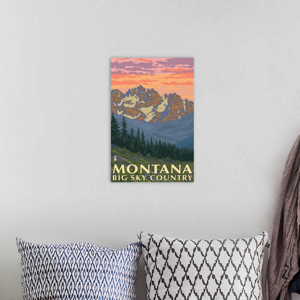 A bohemian room featuring Montana - Big Sky Country - Spring Flowers: Retro Travel Poster