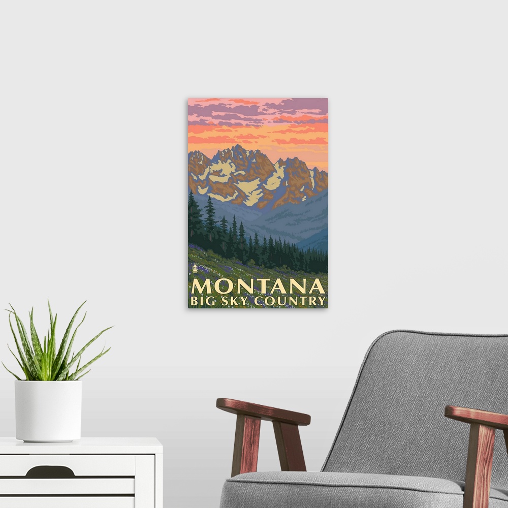 A modern room featuring Montana - Big Sky Country - Spring Flowers: Retro Travel Poster