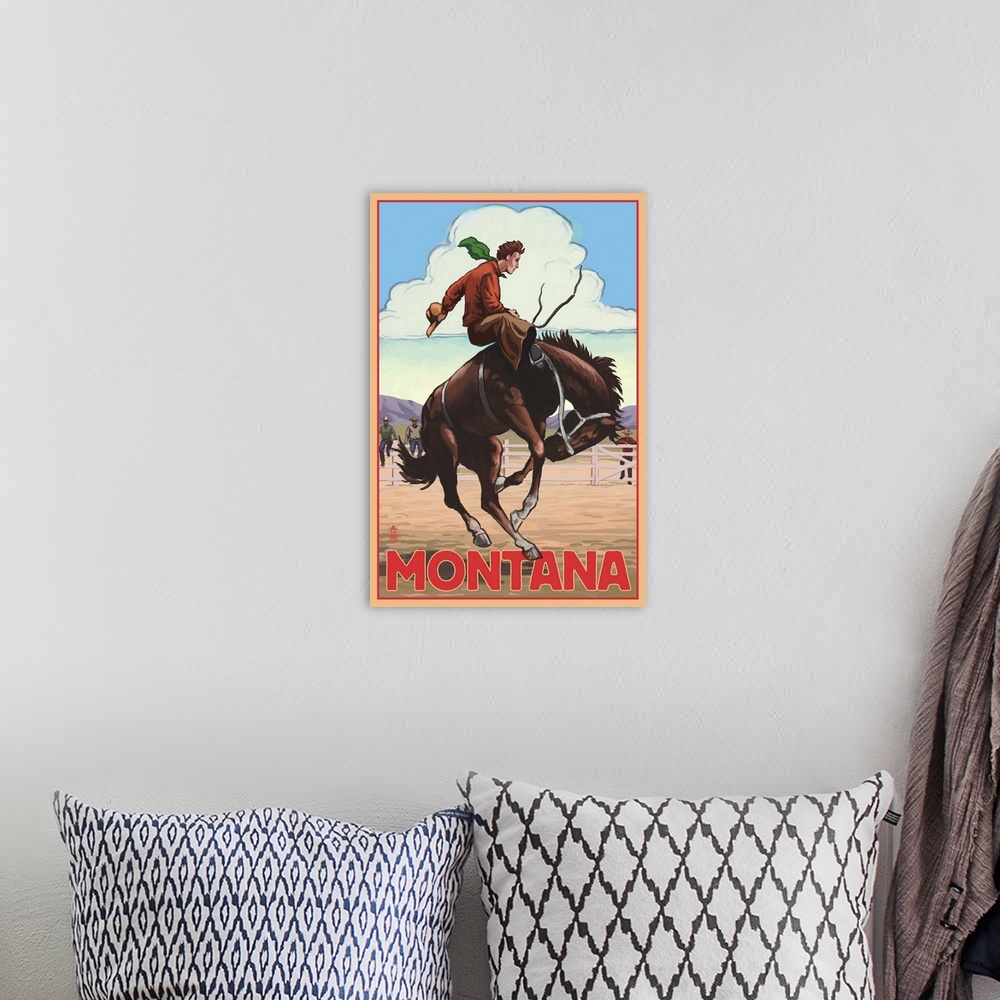 A bohemian room featuring Montana - Cowboy and Bronco Scene: Retro Travel Poster