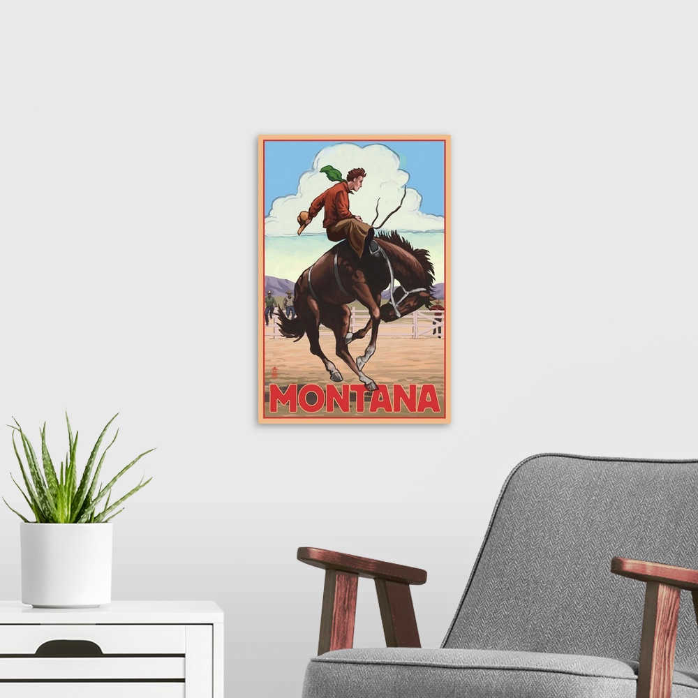 A modern room featuring Montana - Cowboy and Bronco Scene: Retro Travel Poster