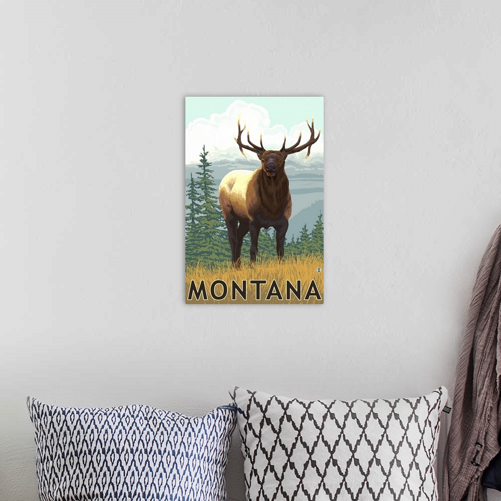 A bohemian room featuring Montana - Elk Scene: Retro Travel Poster