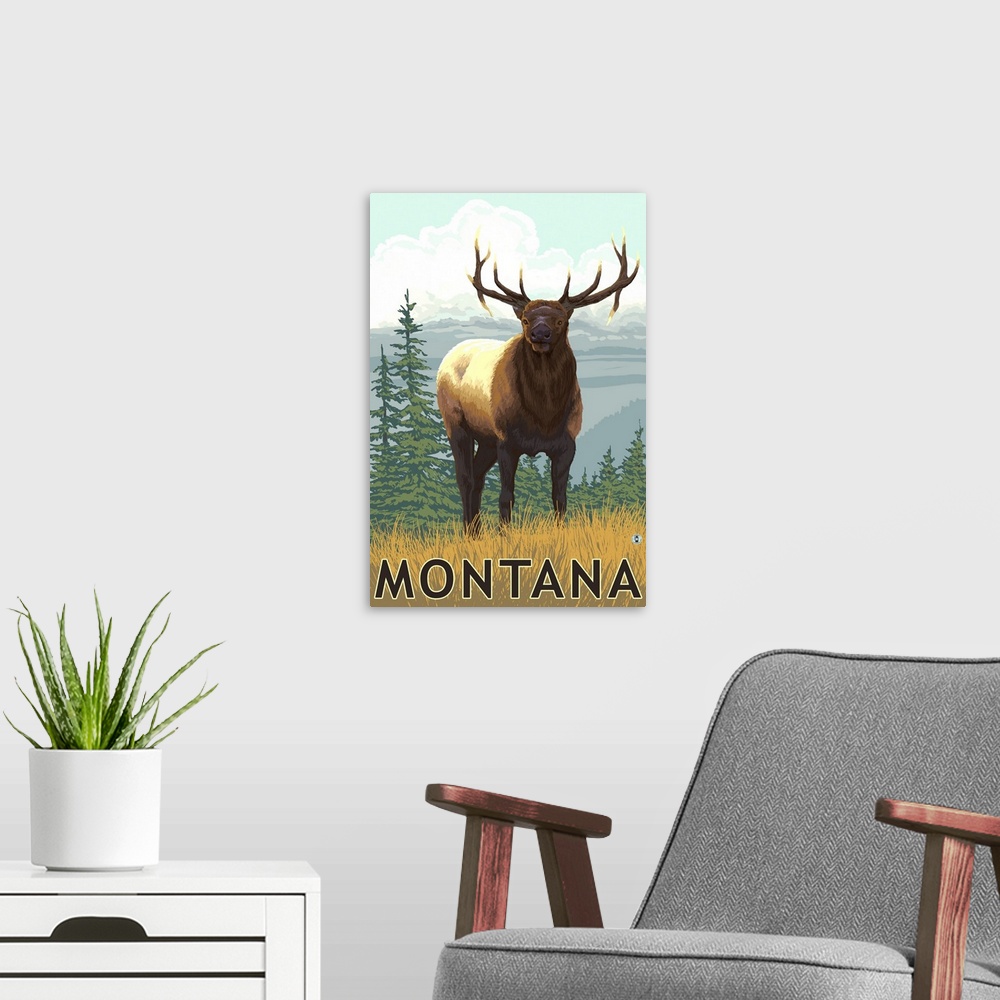 A modern room featuring Montana - Elk Scene: Retro Travel Poster