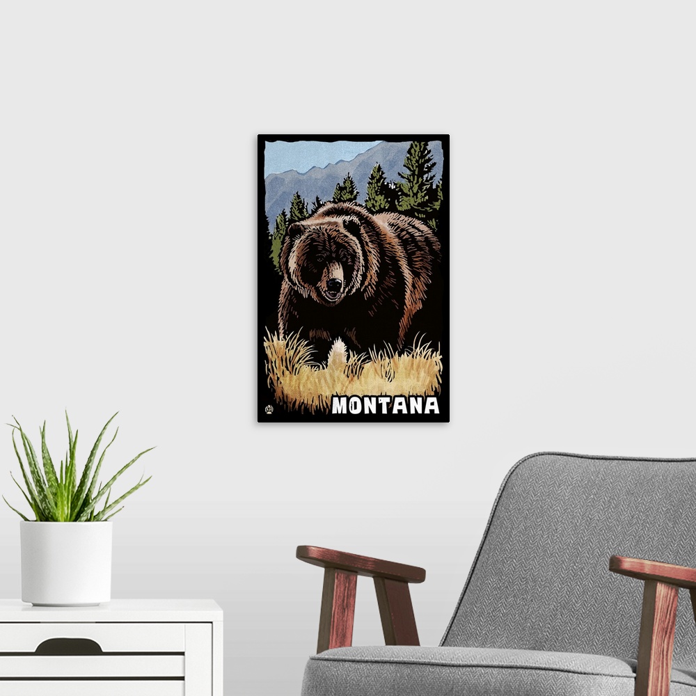 A modern room featuring Montana, Grizzly Bear, Scratchboard