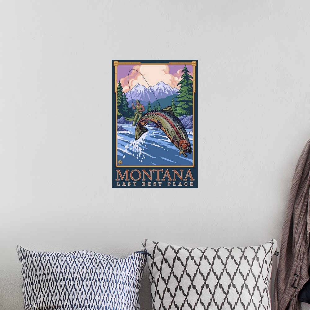 A bohemian room featuring Montana, Last Best Place - Angler: Retro Travel Poster