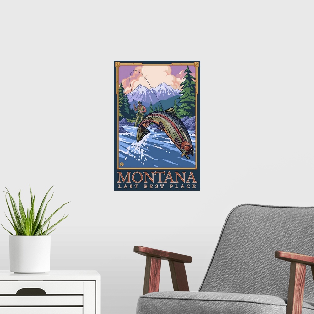 A modern room featuring Montana, Last Best Place - Angler: Retro Travel Poster