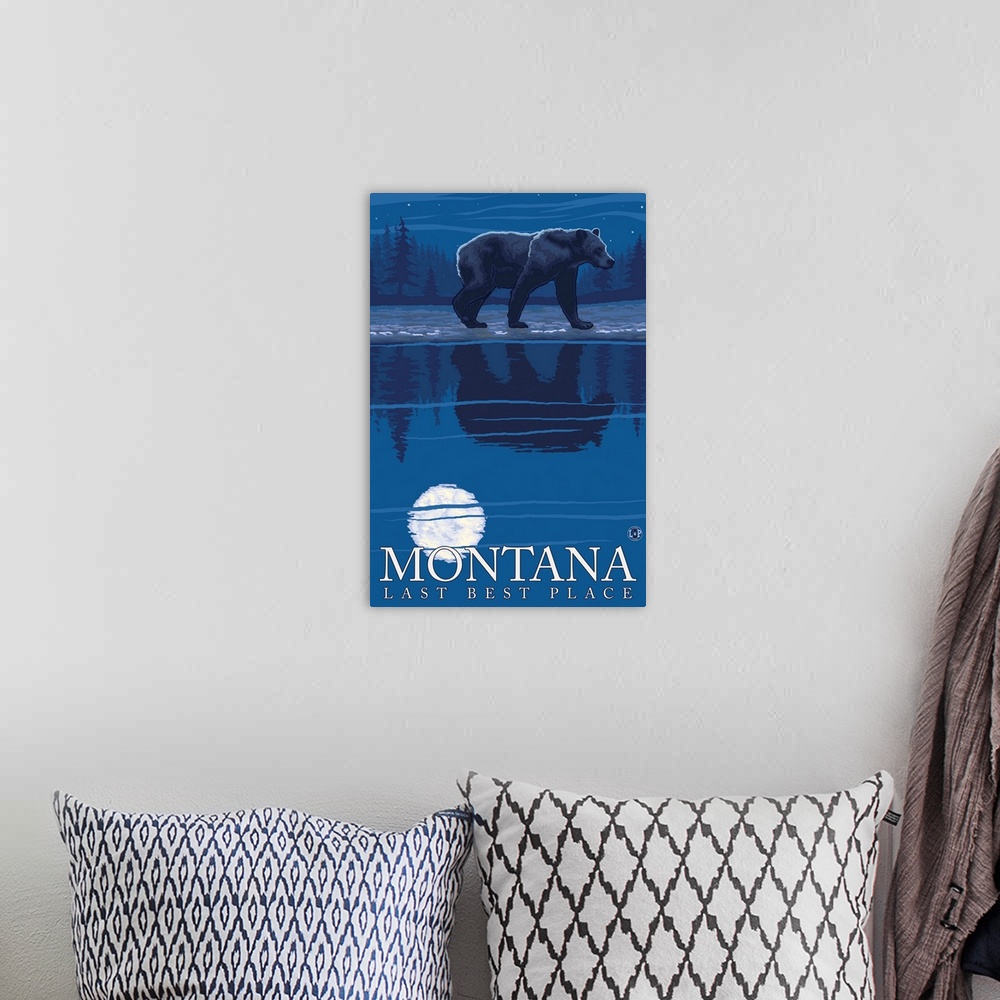A bohemian room featuring Montana, Last Best Place - Bear in Moonlight: Retro Travel Poster