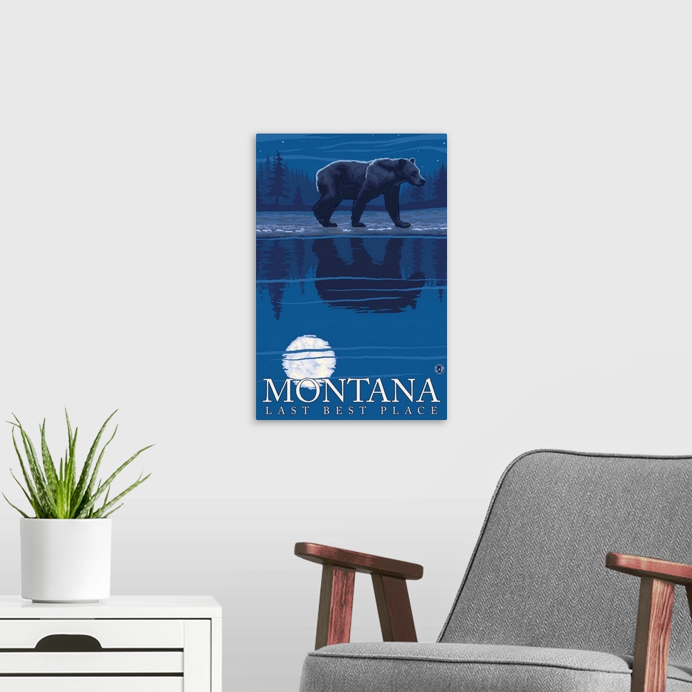 A modern room featuring Montana, Last Best Place - Bear in Moonlight: Retro Travel Poster
