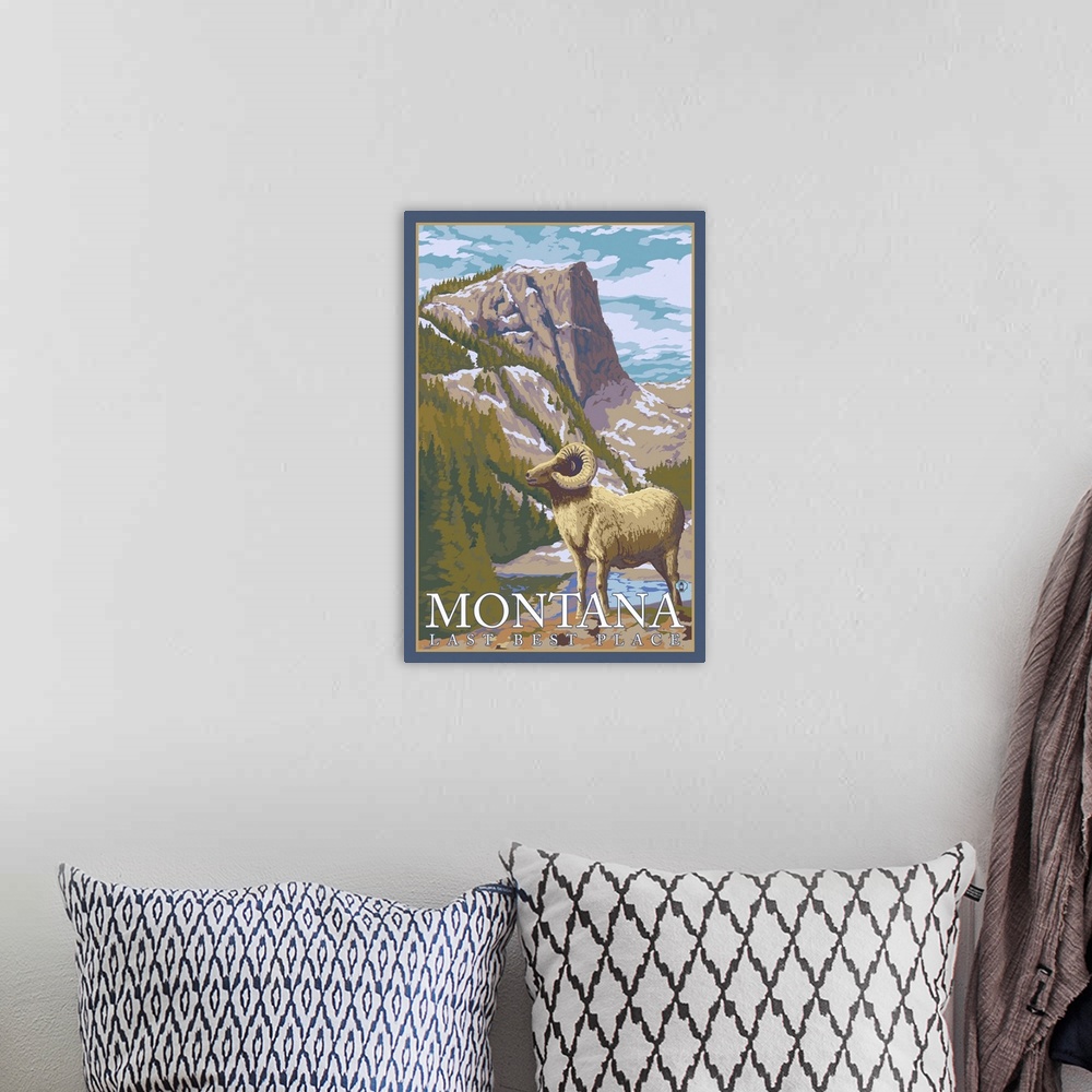 A bohemian room featuring Montana, Last Best Place - Big Horn Sheep: Retro Travel Poster
