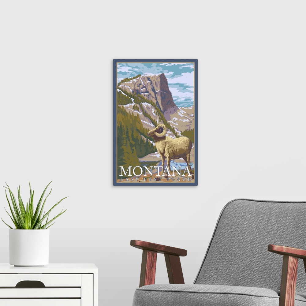 A modern room featuring Montana, Last Best Place - Big Horn Sheep: Retro Travel Poster