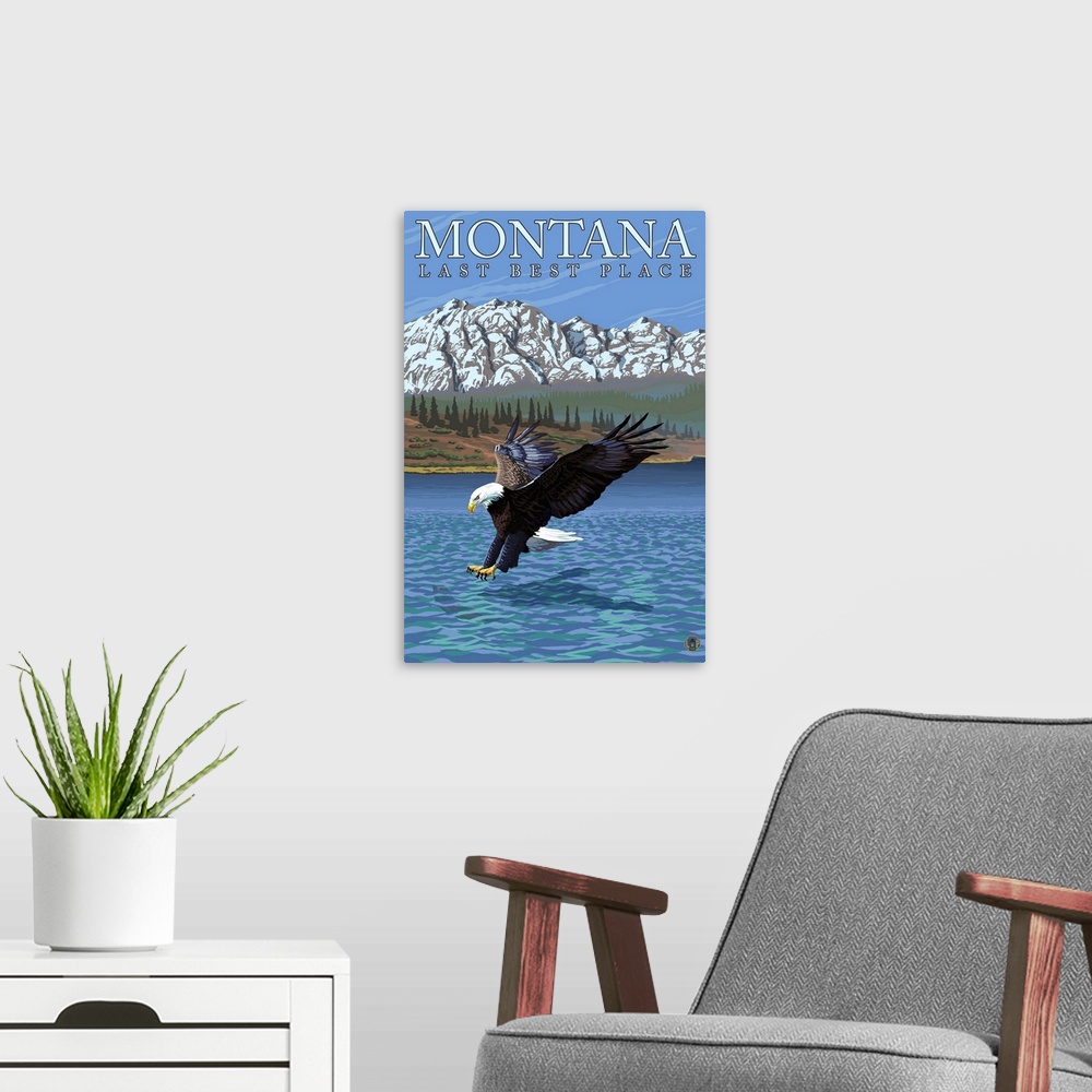 A modern room featuring Montana, Last Best Place - Fishing Eagle: Retro Travel Poster