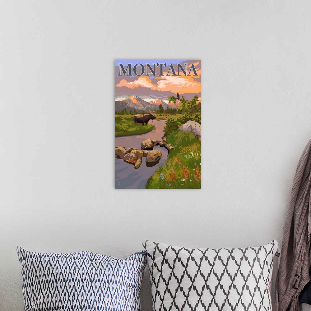 A bohemian room featuring Montana - Moose and Meadow: Retro Travel Poster