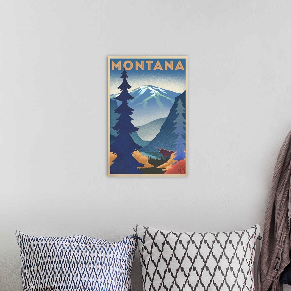 A bohemian room featuring Montana - Mountain & Moose - Lithograph