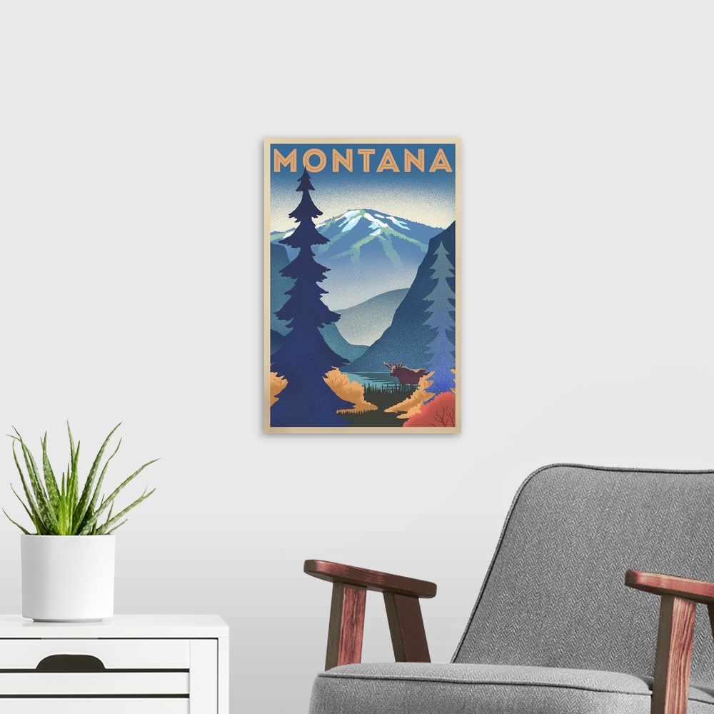 A modern room featuring Montana - Mountain & Moose - Lithograph