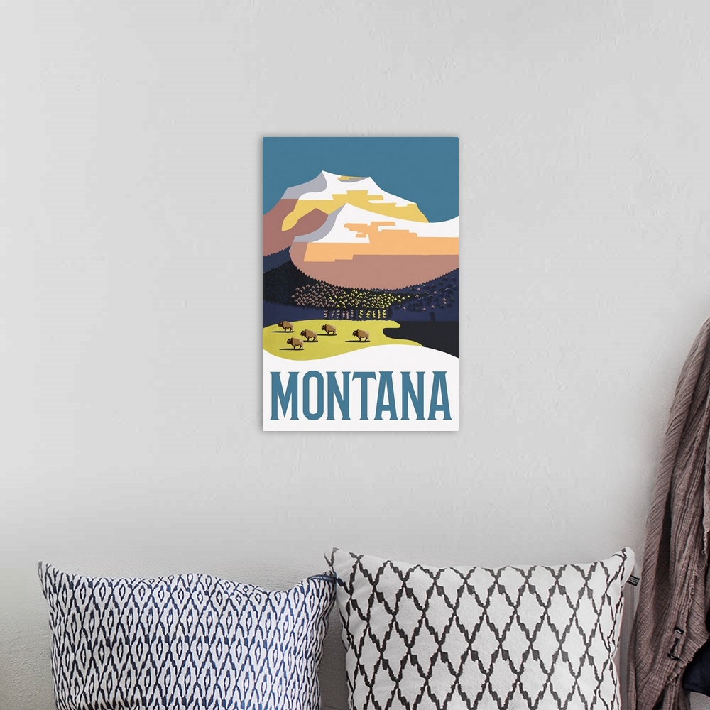 A bohemian room featuring Montana - Mountain Scene with Buffalo