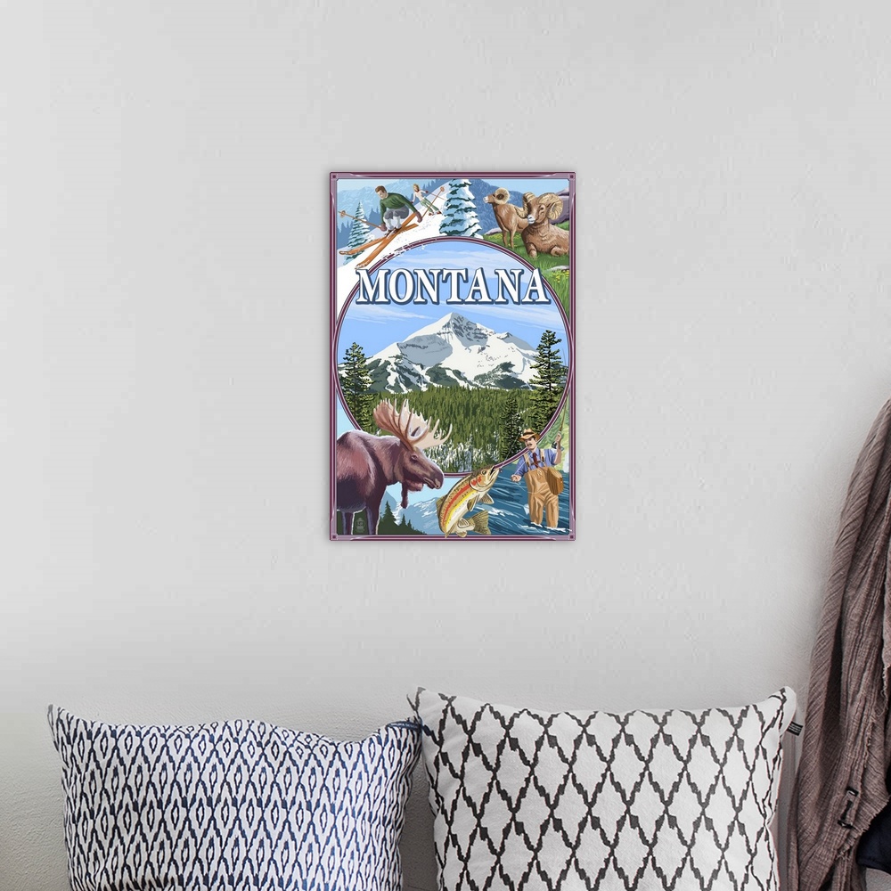 A bohemian room featuring Retro stylized art poster of a moose and fisherman with a skier and full curl sheep.