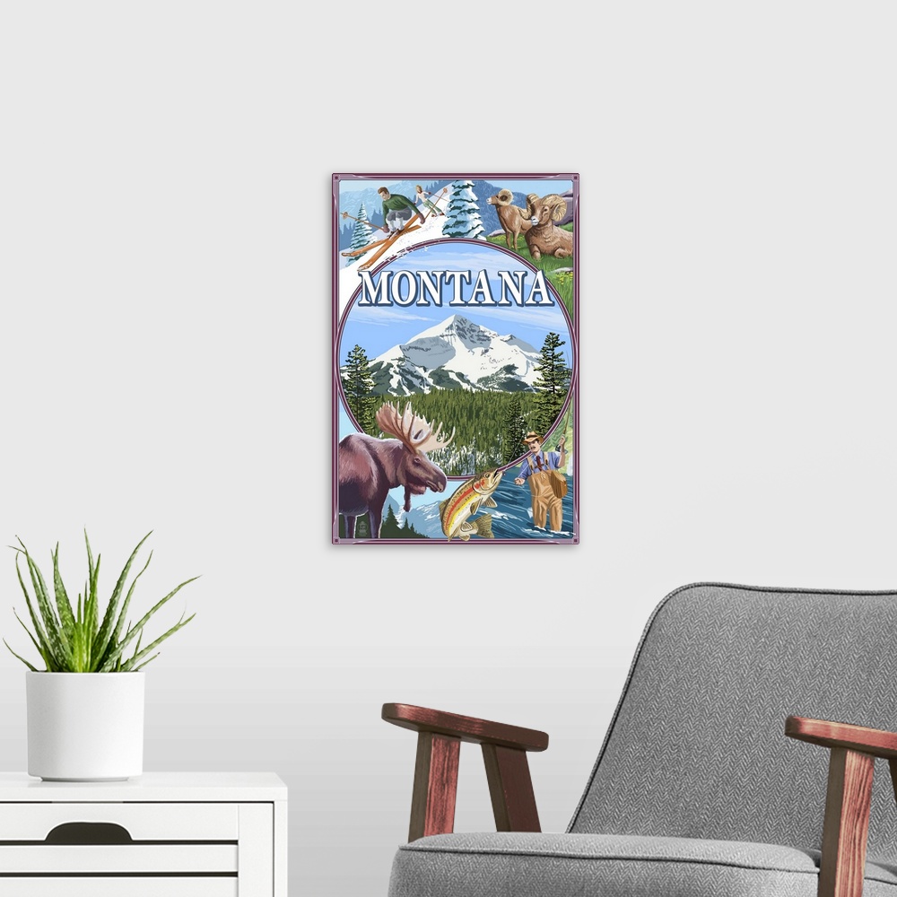 A modern room featuring Retro stylized art poster of a moose and fisherman with a skier and full curl sheep.