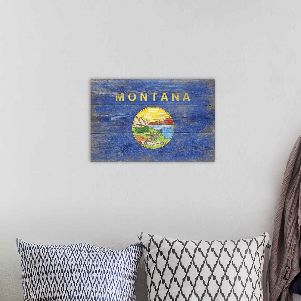 A bohemian room featuring Montana State Flag, Barnwood Painting