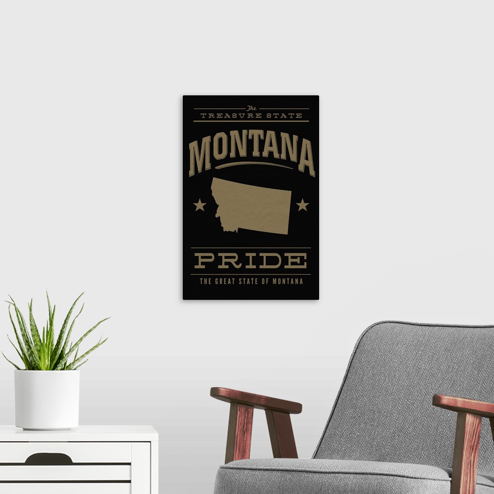 A modern room featuring The Montana state outline on black with gold text.