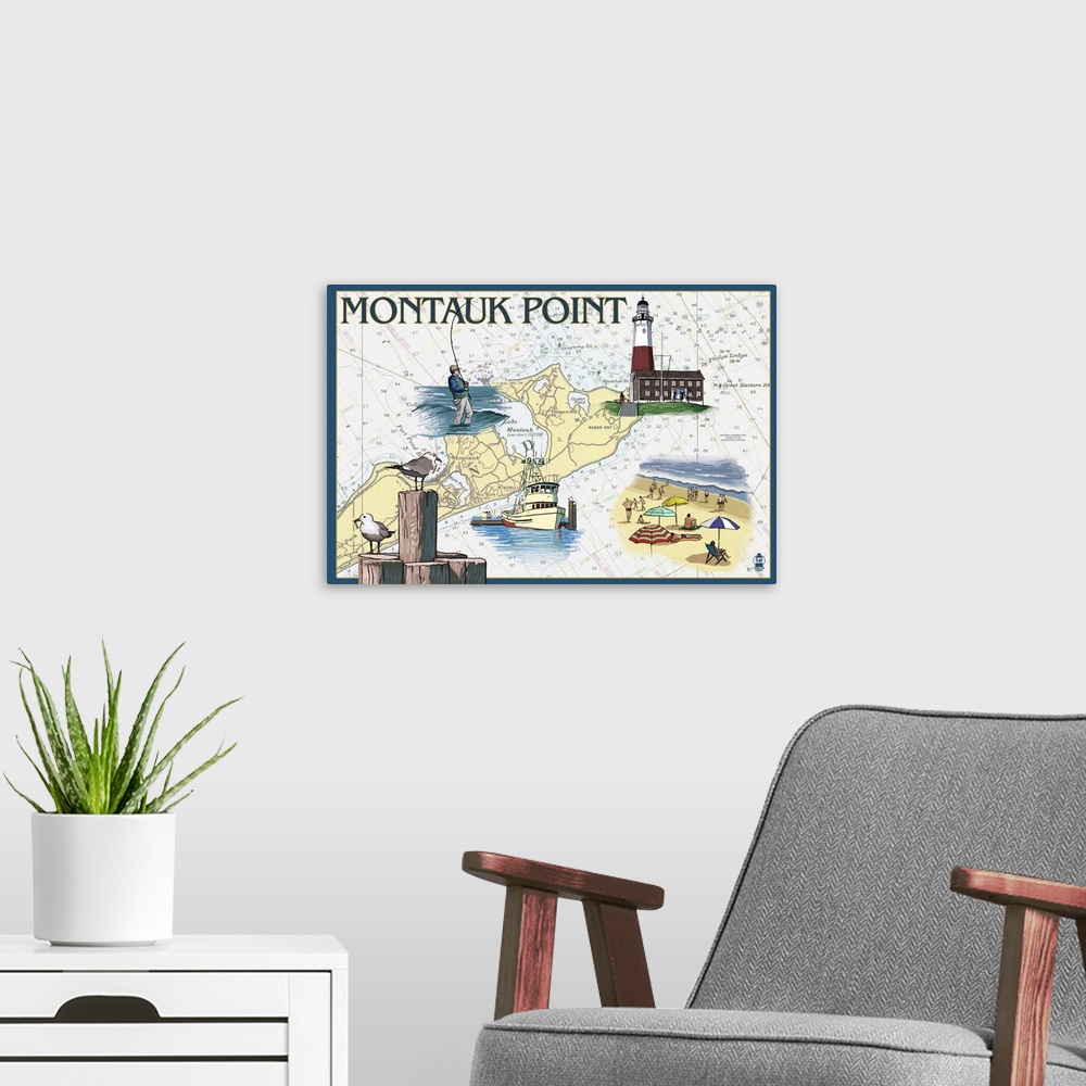 A modern room featuring Retro stylized art poster of a montage of images against a background of a map.