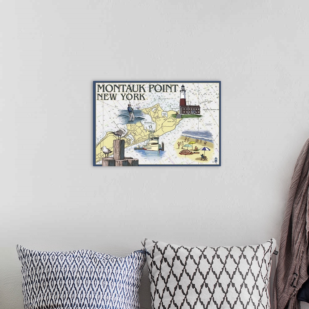 A bohemian room featuring Montauk Point, New York - Nautical Chart: Retro Travel Poster
