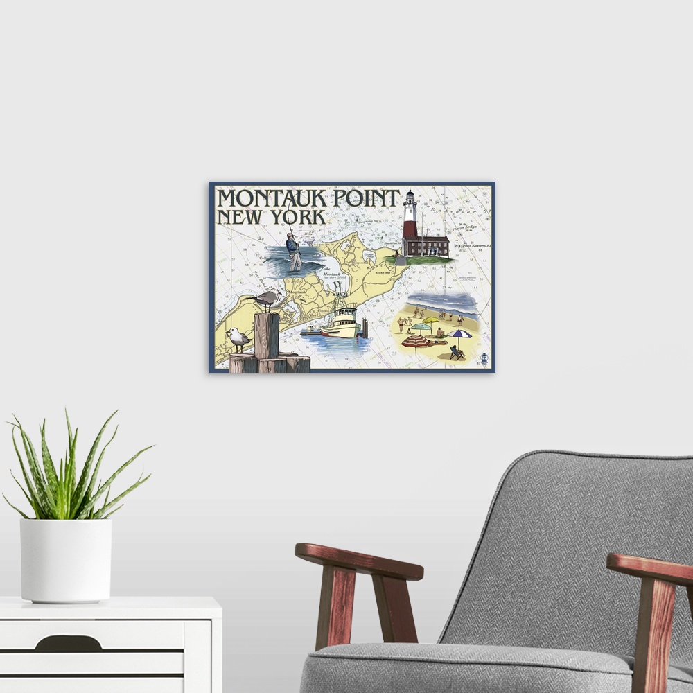 A modern room featuring Montauk Point, New York - Nautical Chart: Retro Travel Poster