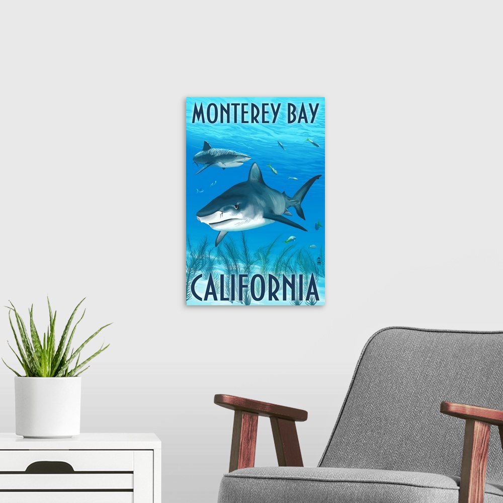 A modern room featuring Monterey Bay, California, Tiger Sharks