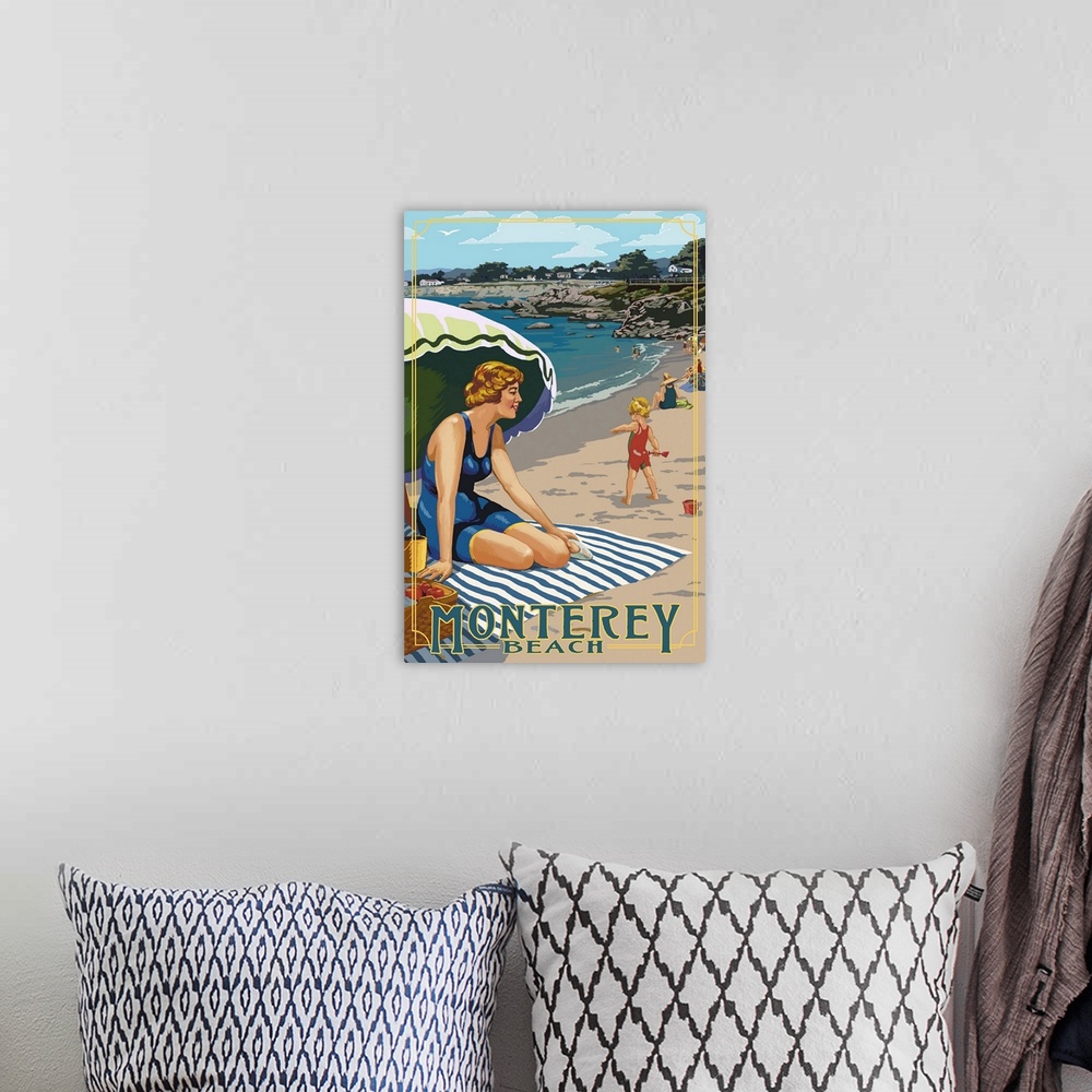 A bohemian room featuring Monterey, California - Beach Scene: Retro Travel Poster