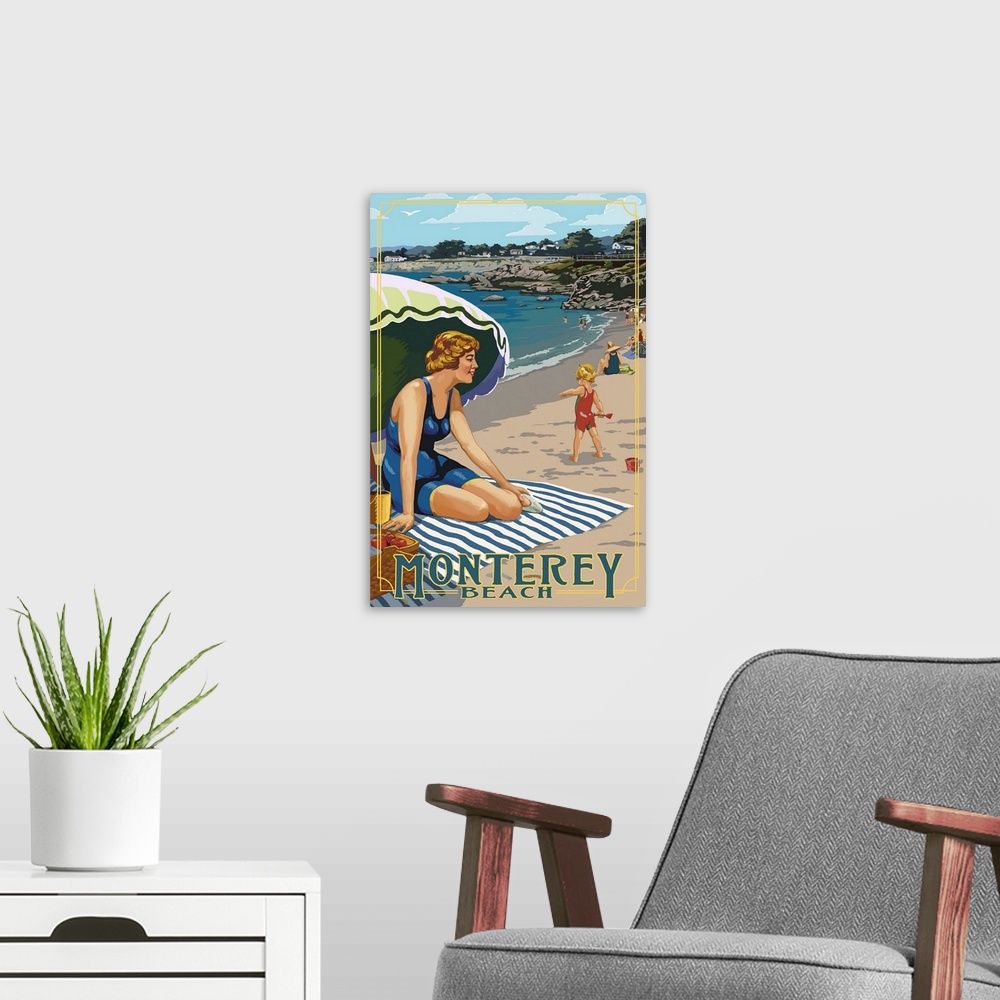 A modern room featuring Monterey, California - Beach Scene: Retro Travel Poster