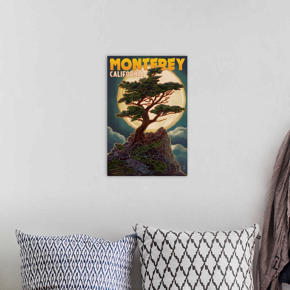 A bohemian room featuring Monterey, California - Cypress and Full Moon: Retro Travel Poster