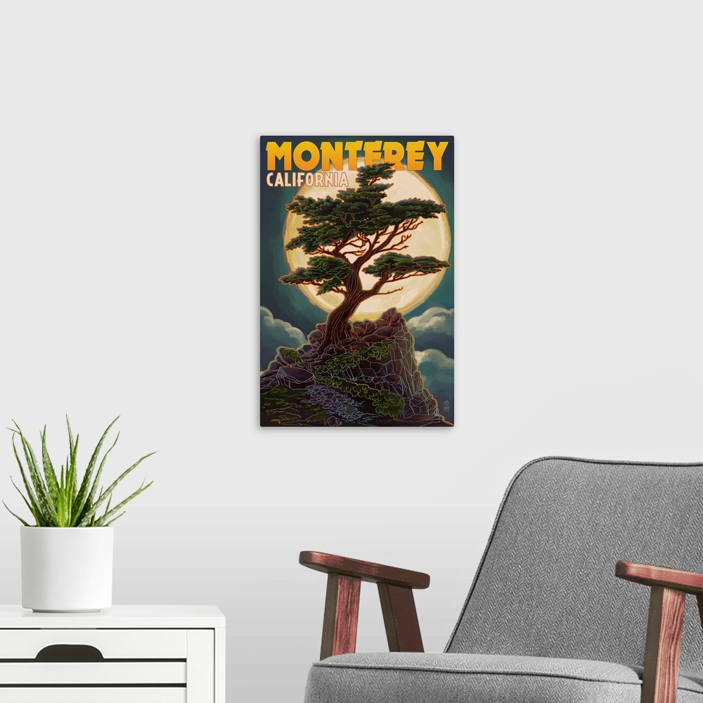 A modern room featuring Monterey, California - Cypress and Full Moon: Retro Travel Poster
