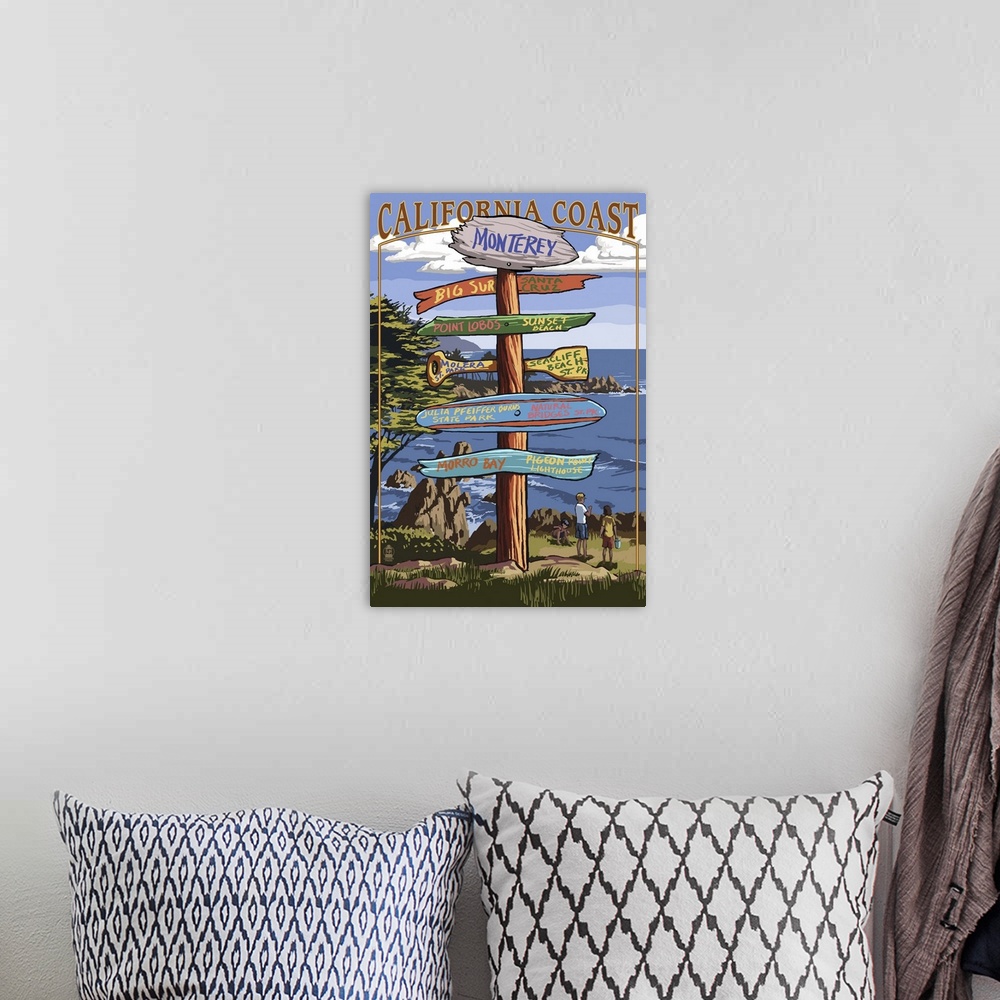 A bohemian room featuring Monterey, California - Destination Sign: Retro Travel Poster