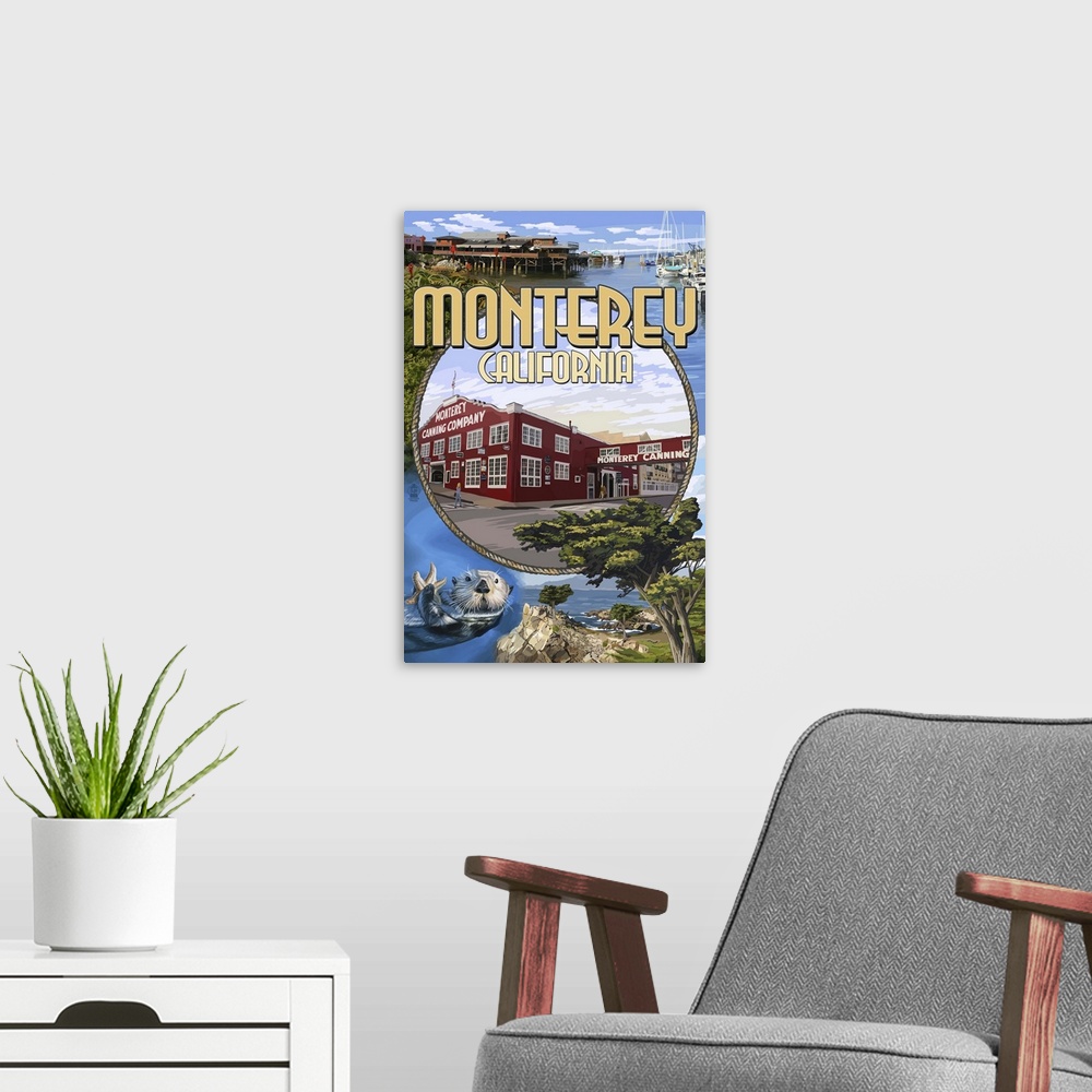 A modern room featuring Retro stylized art poster of a collection of images composing a montage.