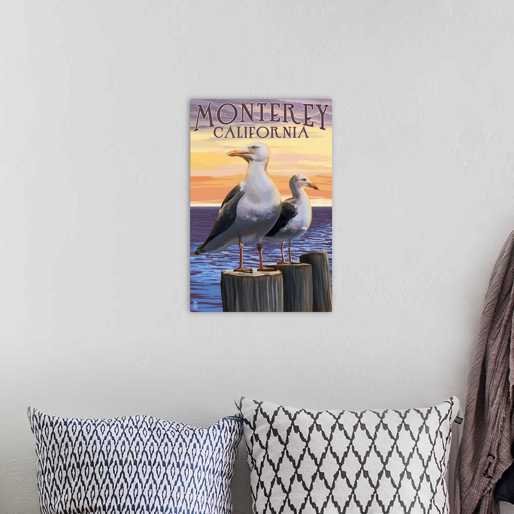 A bohemian room featuring Retro stylized art poster of two seagulls perched on wooden posts. With a seascape in the backgro...