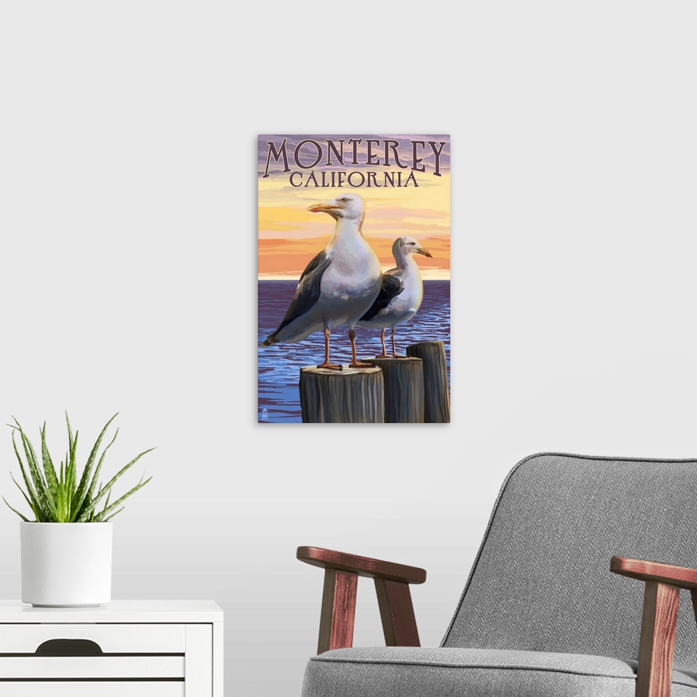 A modern room featuring Retro stylized art poster of two seagulls perched on wooden posts. With a seascape in the backgro...
