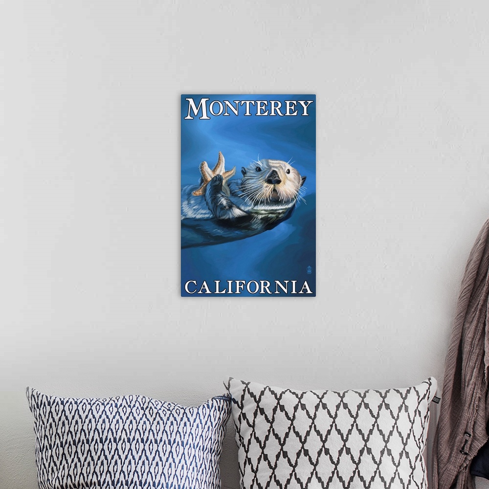 A bohemian room featuring Retro stylized art poster of a sea otter floating on its back in the ocean, holding a starfish.
