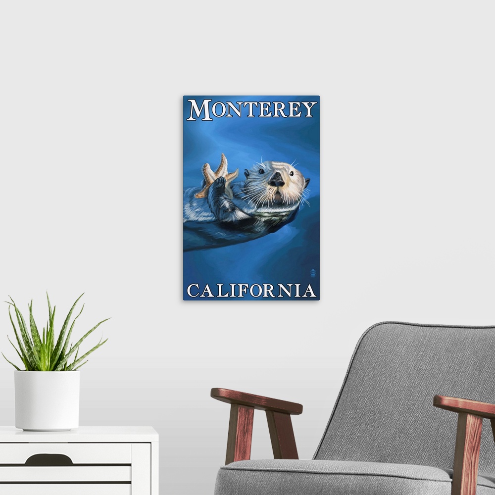 A modern room featuring Retro stylized art poster of a sea otter floating on its back in the ocean, holding a starfish.