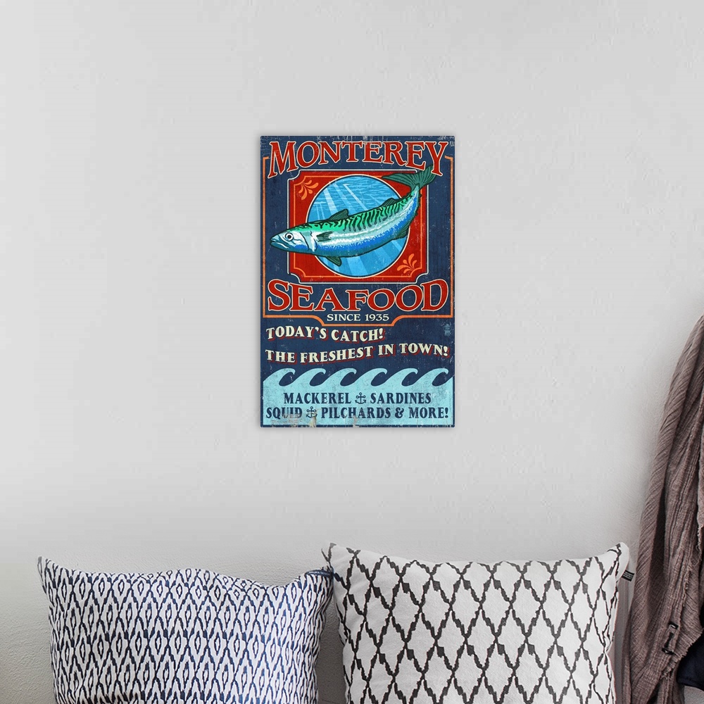 A bohemian room featuring Retro stylized art poster of a vintage seafood market sign displaying a mackerel.