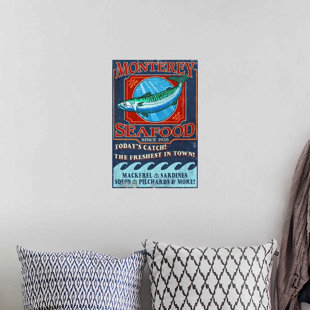 A bohemian room featuring Retro stylized art poster of a vintage seafood market sign displaying a mackerel.