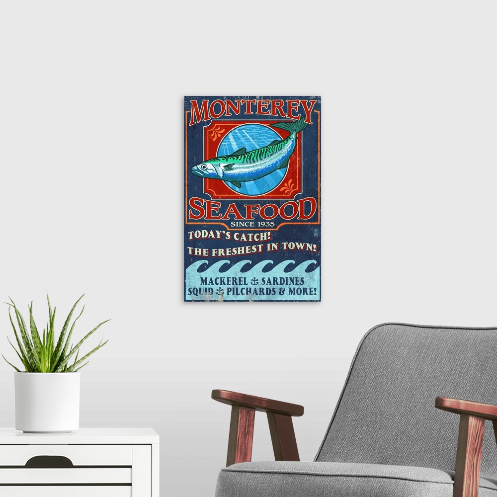 A modern room featuring Retro stylized art poster of a vintage seafood market sign displaying a mackerel.