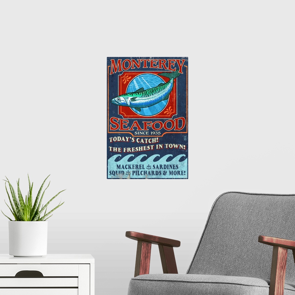 A modern room featuring Retro stylized art poster of a vintage seafood market sign displaying a mackerel.