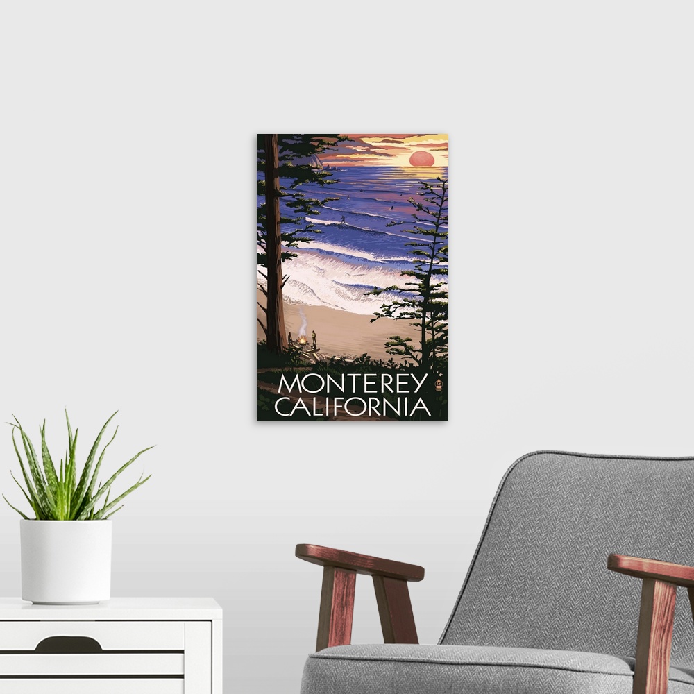 A modern room featuring Retro stylized art poster of people around a campfire on a beach at sunset. Viewed through a forest.