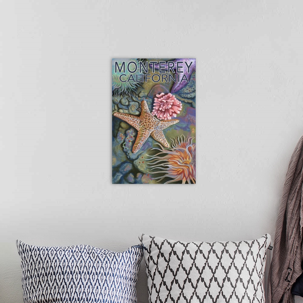 A bohemian room featuring Retro stylized art poster of a starfish and various marine life in a tide pool.