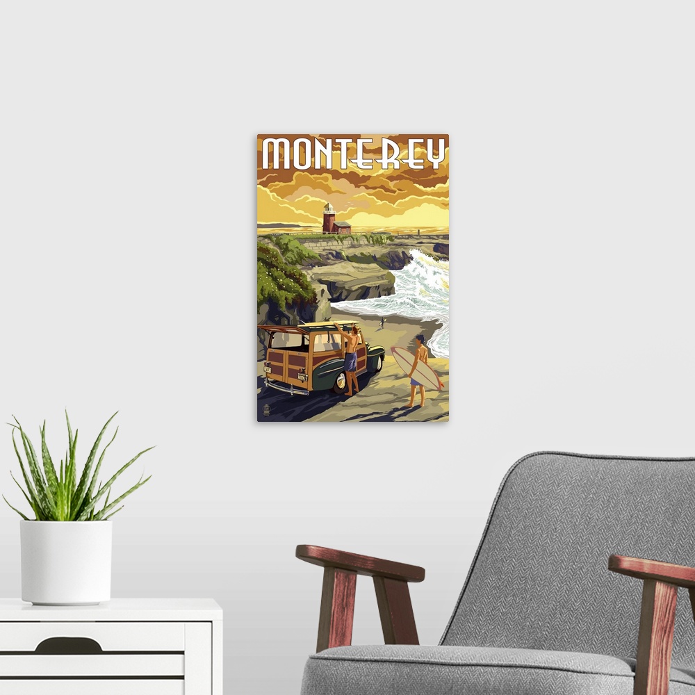 A modern room featuring Monterey, California - Woody on Beach: Retro Travel Poster