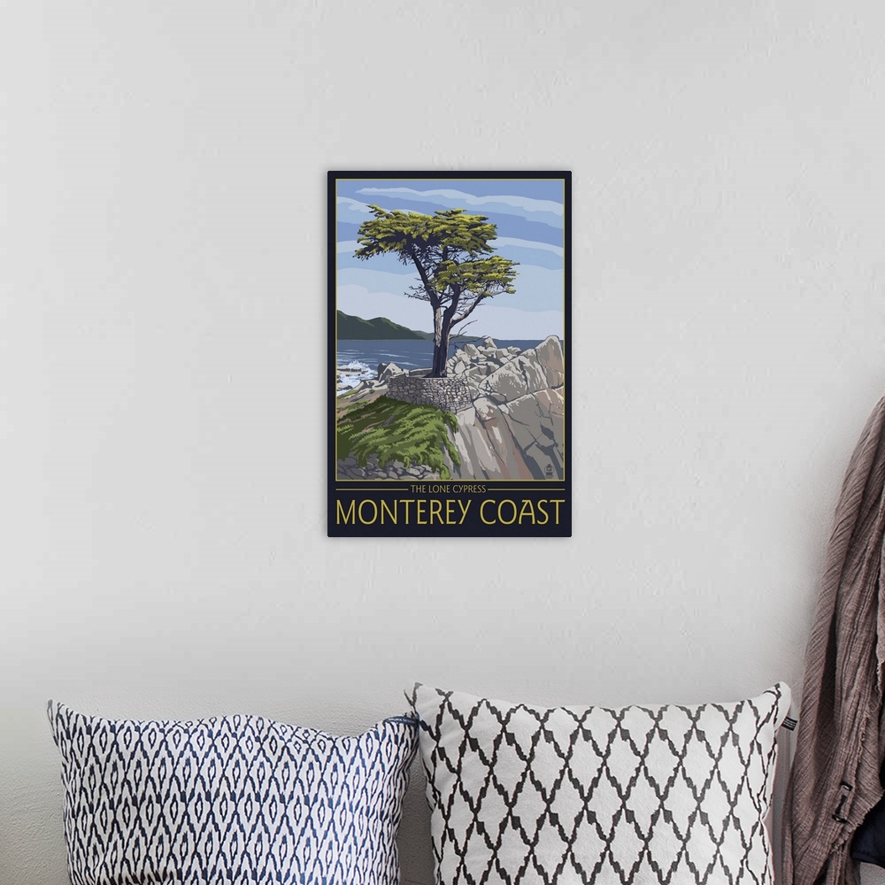 A bohemian room featuring Monterey Coast, CA - Cypress Tree: Retro Travel Poster